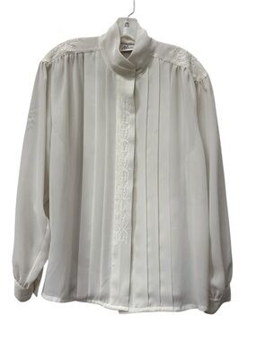 Vintage Romantic Embroidered Ivory Blouse High Neck Shirt Top 14 XL Pleated